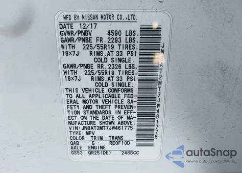 2018 Nissan Rogue Sl z USA, uszkodzony, nr VIN JN8AT2MT7JW461775